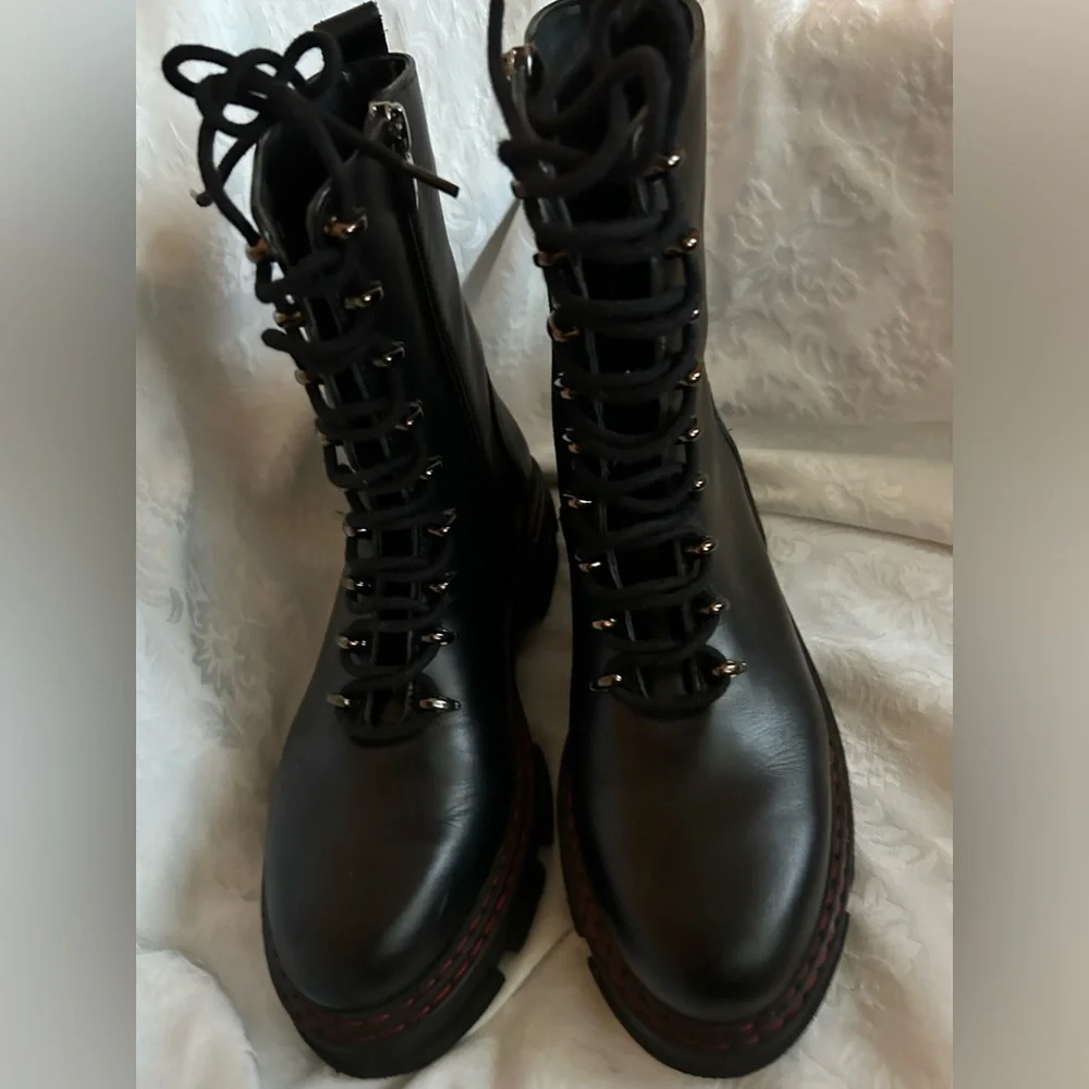 Kurt Kieger Black Leather Combat Boot with Red Stitching - Women
